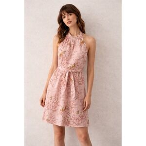 Vintage Moods 90s Cherry Blossom Bird Print Halter Neck Dress 6 Made in USA